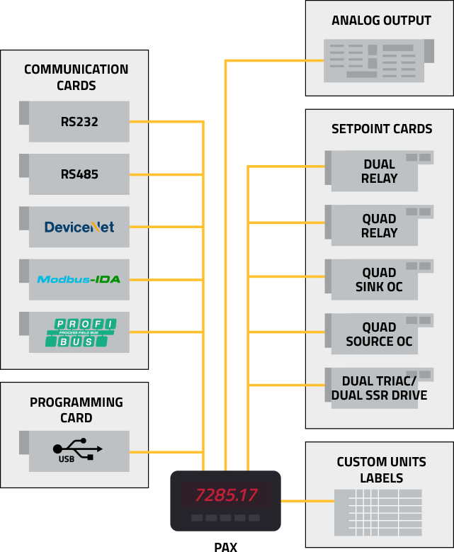 Cartes optionnelles installables sur site
Red LionLes compteurs PAX de s offrent la possibilité d'ajouter et de modifier des cartes d'options à mesure que vos exigences d'application et de communication évoluent. Cette solution évolutive sur site offre l'alternative parfaite aux compteurs concurrents qui vous obligent à commander un nouveau compteur chaque fois que les conditions changent. En d'autres termes, les compteurs PAX vous permettent d'économiser de l'argent et de réduire les temps d'arrêt.